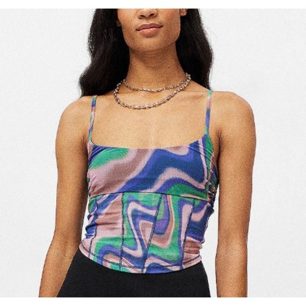 Urban Outfitters Mesh Corset Cami Top Psychedelic Swirl Purple Green Small